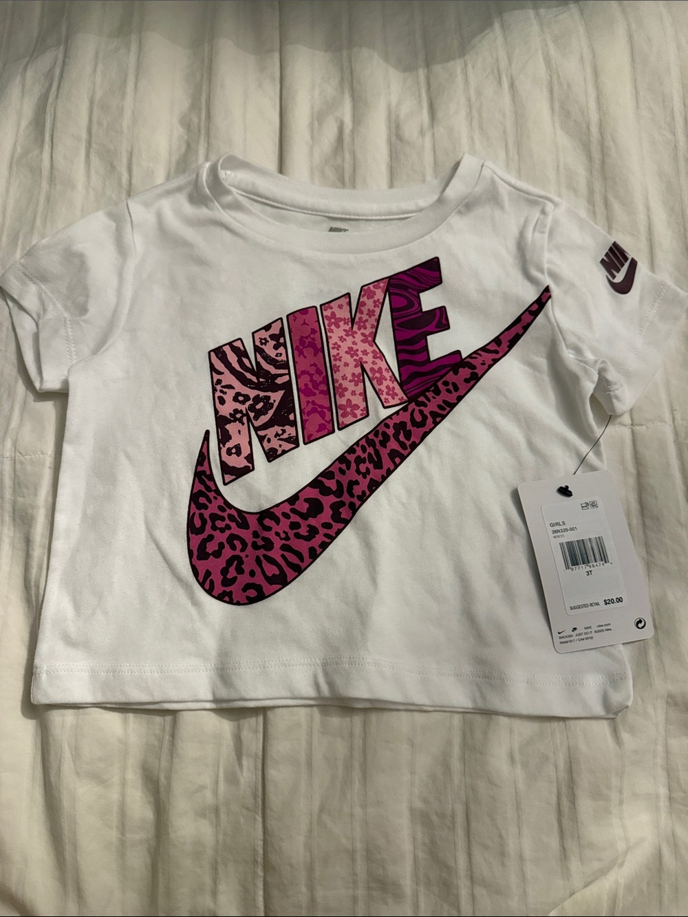 Nike Girls White Short-Sleeve Tee with Pink Patterned Swoosh
